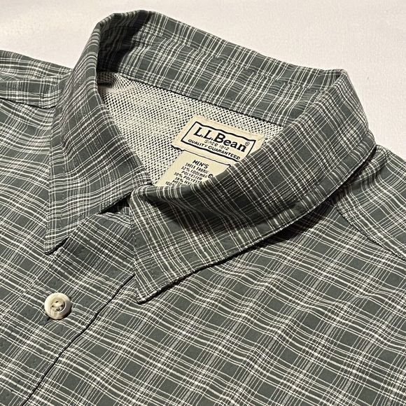 LL Bean Mens Green Short Sleeve Plaid Vented‎ Coolmax Outdoor Hiking Men Large L - Picture 1 of 6